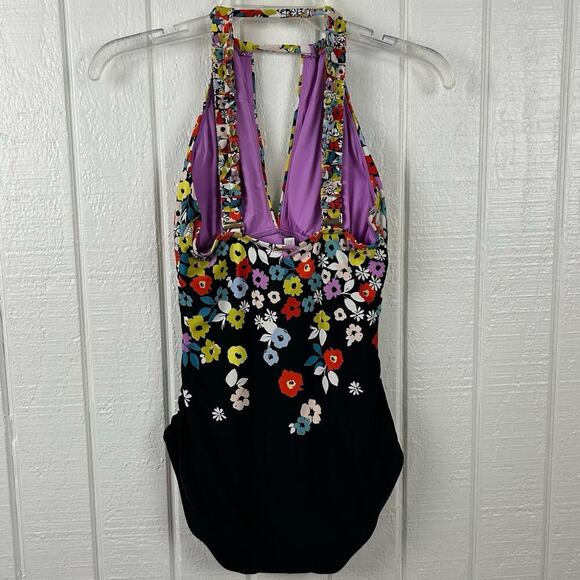AnneCole Women Wireless Padded One-Piece SwimSuit Black Beach Pool Floral Size 8 - Picture 6 of 7